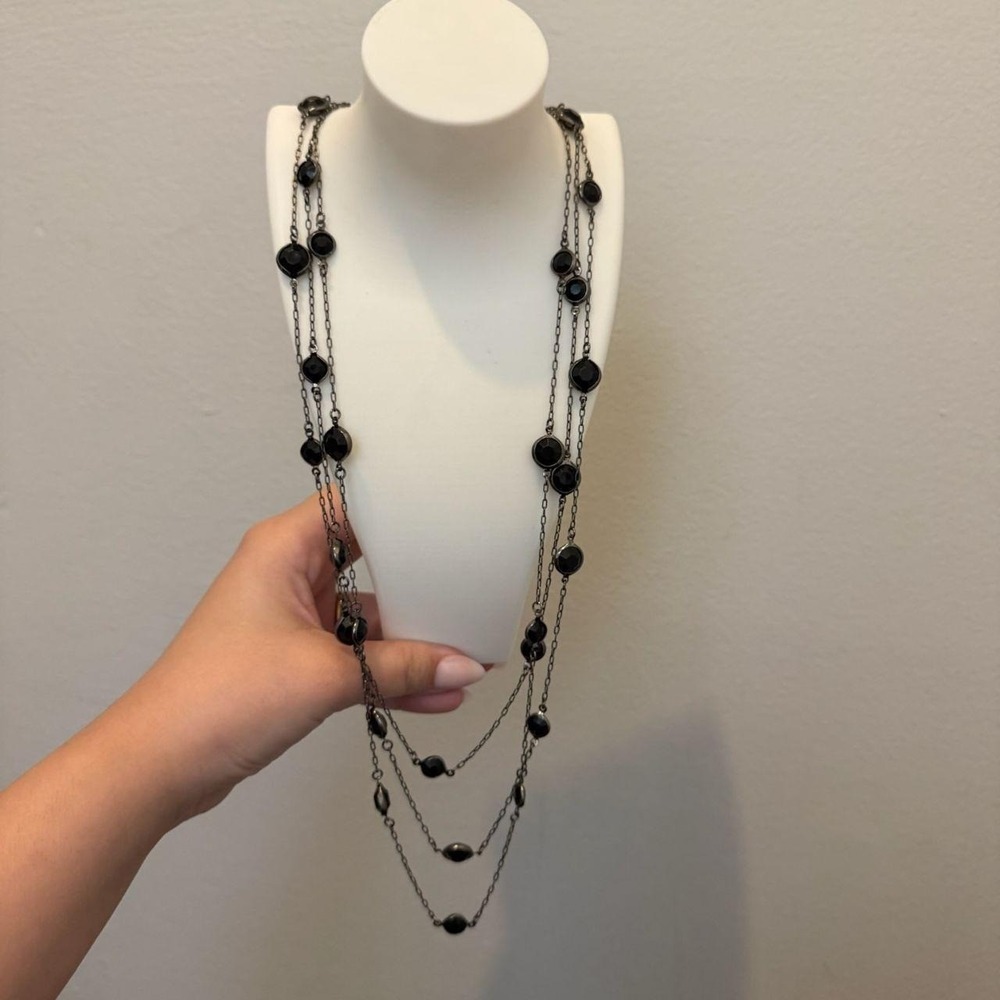 1928 Black Multi Strand Beaded Necklace Gunmetal Tone Statement